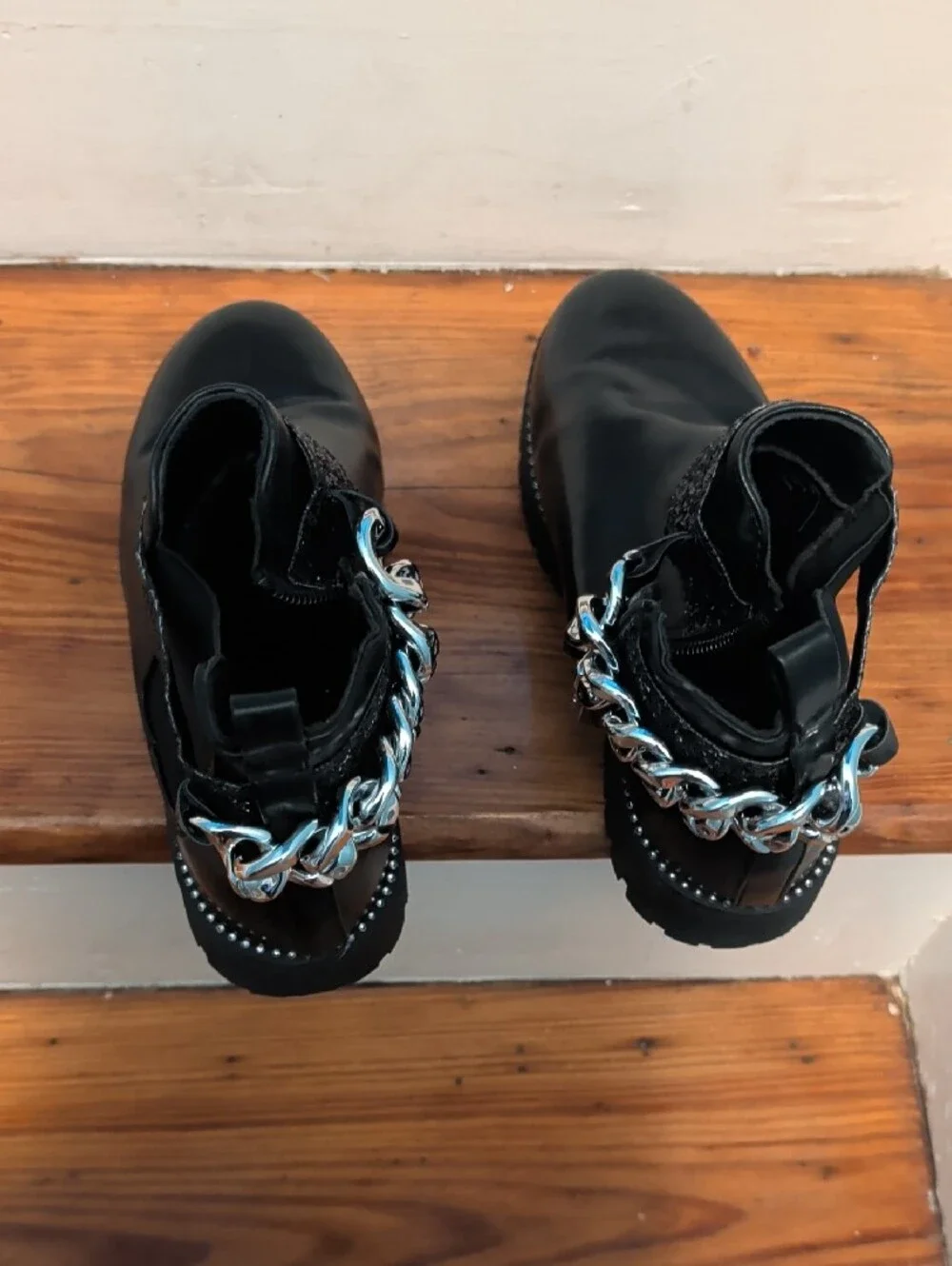 Black Kids Ankle Boots with Silver Chain Detail